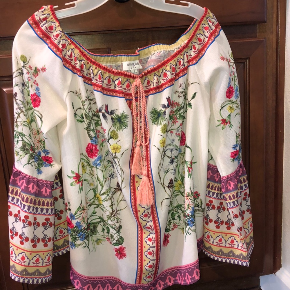 Umgee BOHO botanical butterfly bell sleeve top S
